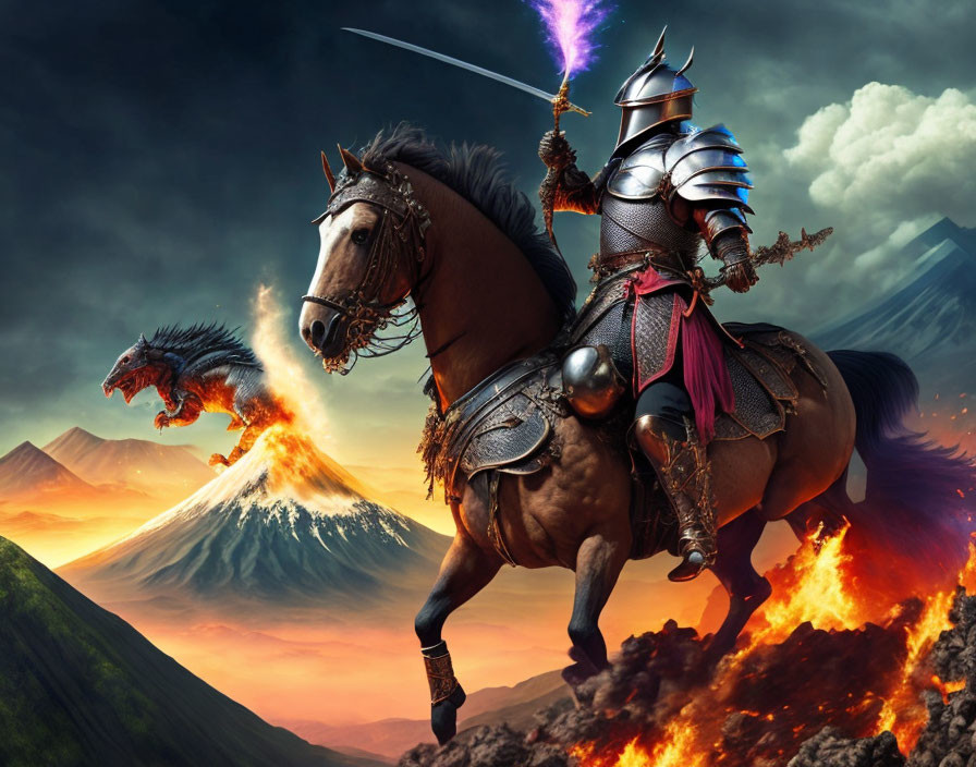 Knight on horseback confronts fiery dragon in volcanic landscape