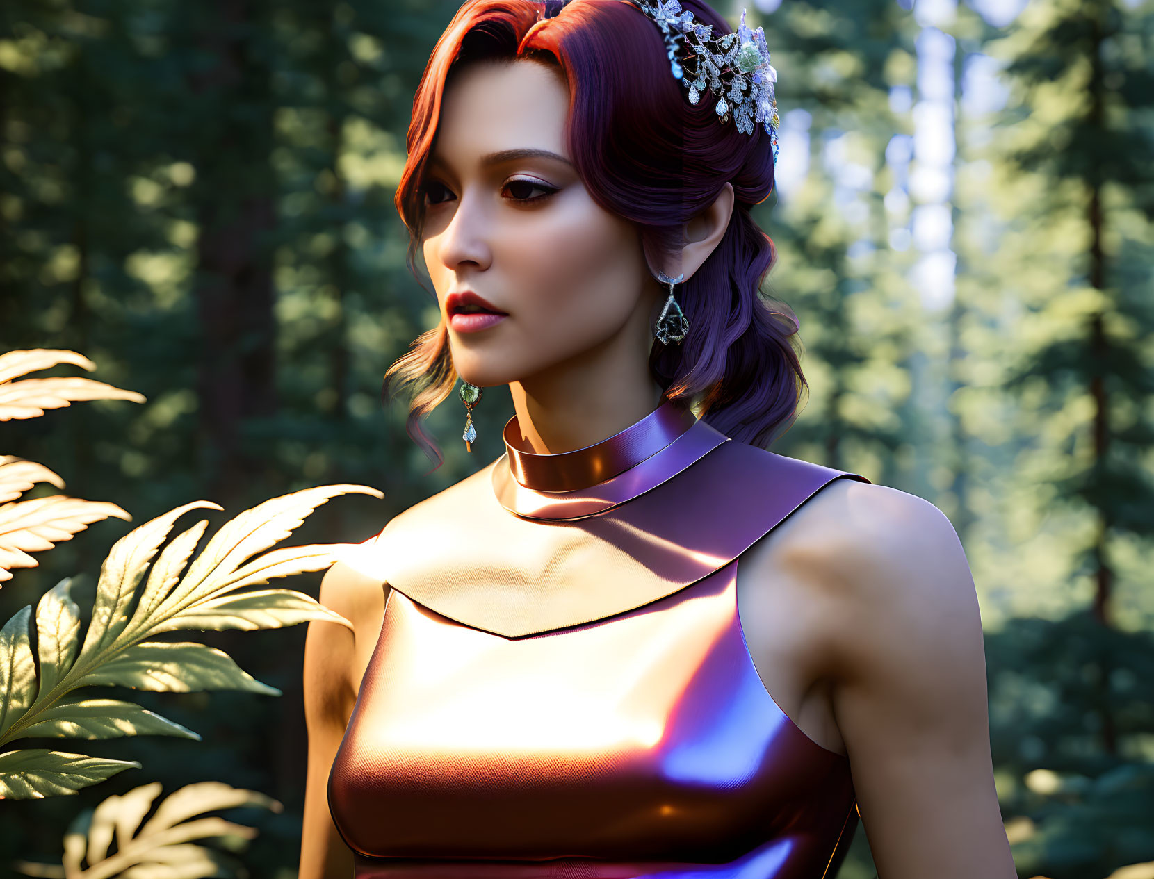 Woman in tiara and reflective dress in sunlit forest exudes elegance and fantasy