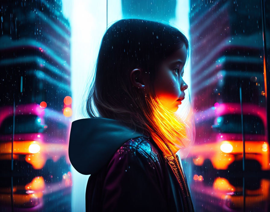 Profile of young girl in neon city lights rain with warm glow