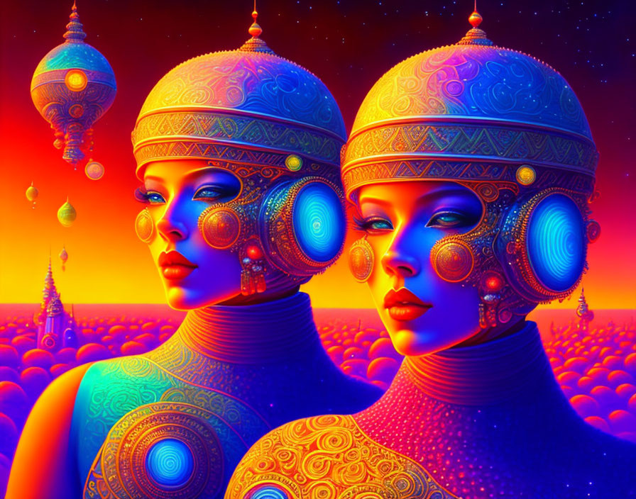 Stylized female figures with intricate headgear in vibrant landscape