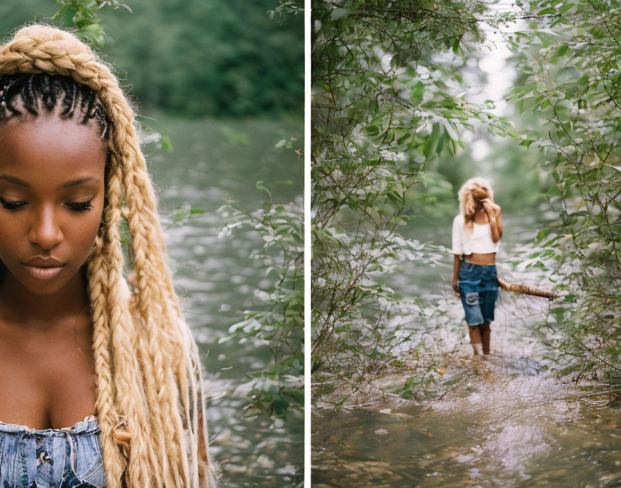 Images of serene woman with braided hair and person wading in stream amid greenery.