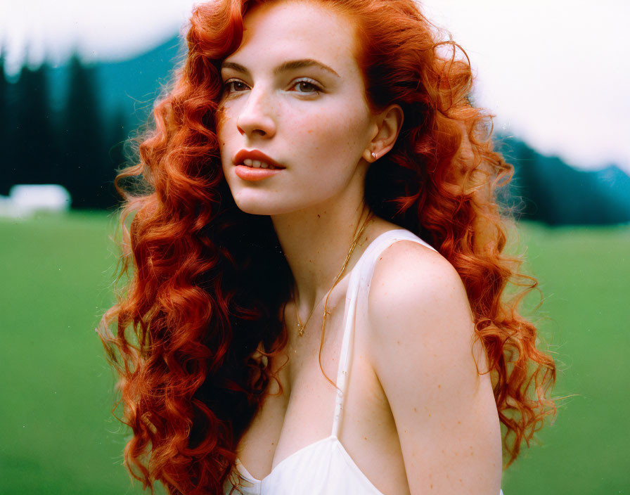 Red-haired woman in white dress gazes at nature scene.