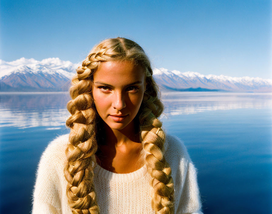 Woman with Braided Hair in White Sweater by Calm Lake and Mountains