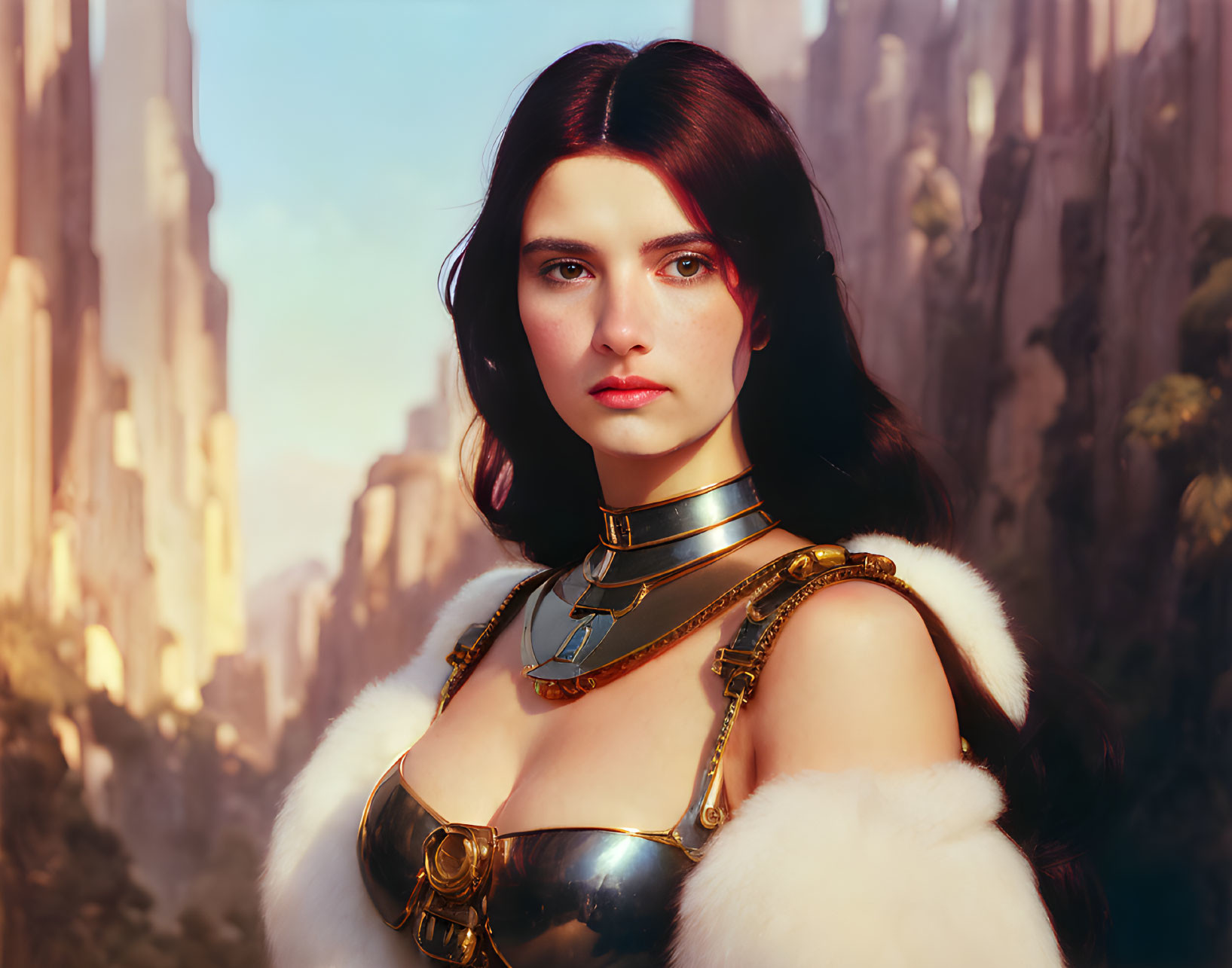 Dark-haired woman in fantasy armor against forest backdrop