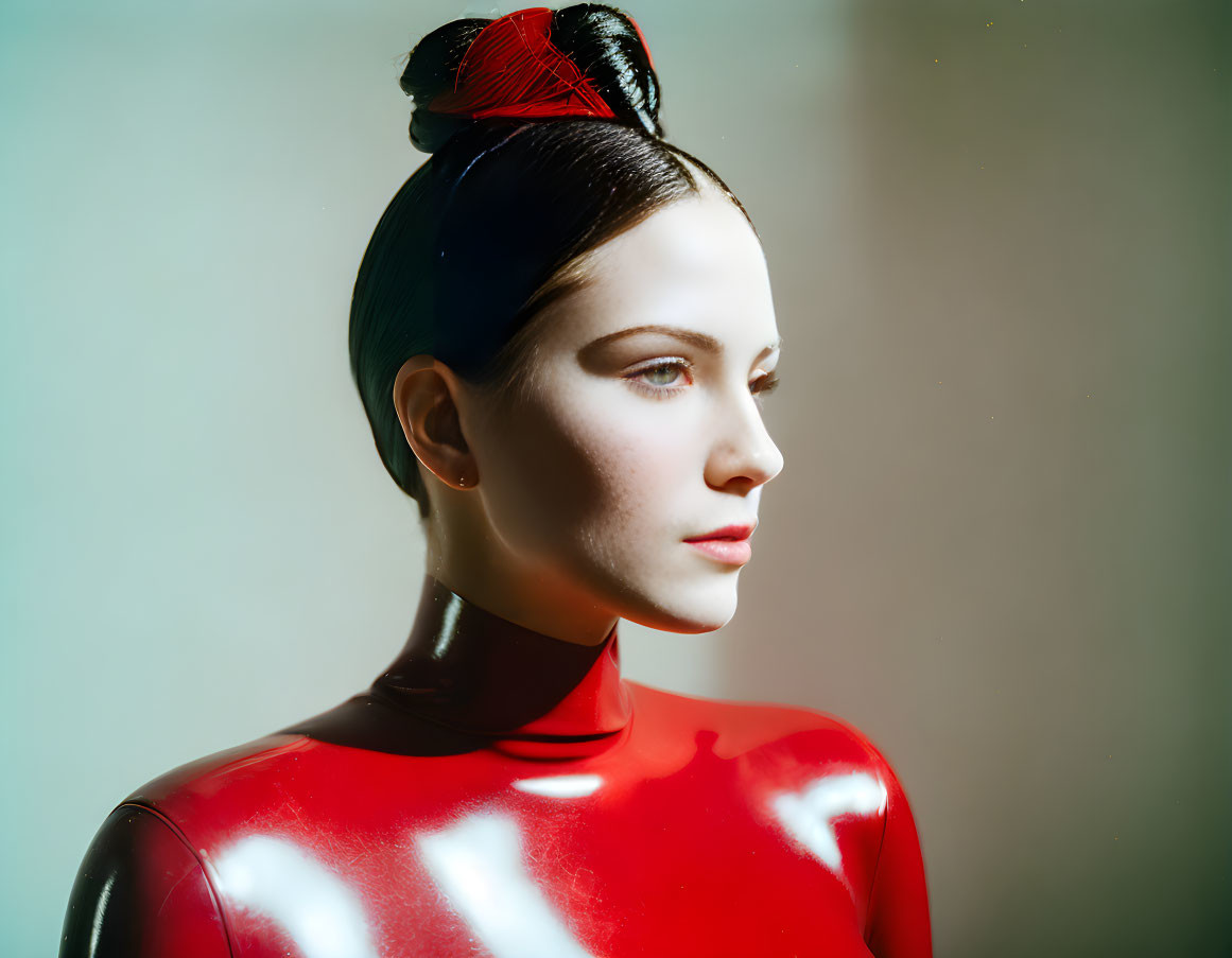 Styled bun mannequin in red top on light green backdrop