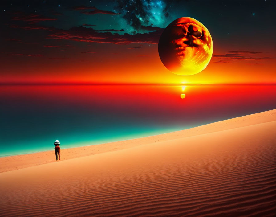 Solitary figure on desert dune under surreal sky with giant red planet and setting sun