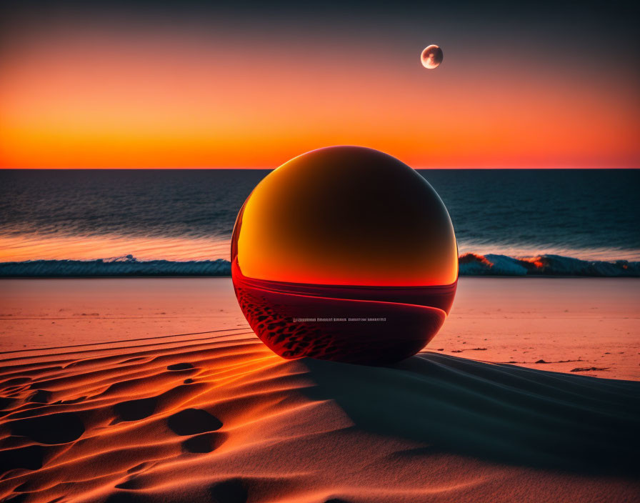 Reflective sphere on sandy beach at sunset with tranquil sea and small moon