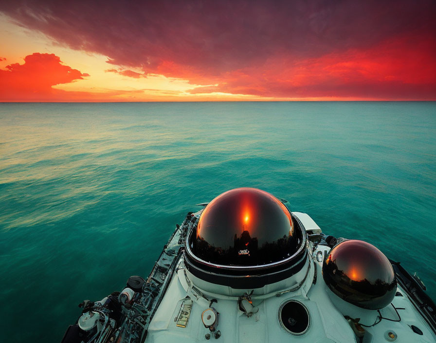 Vibrant sunset over ocean with red and orange hues reflecting on ship's navigational equipment.