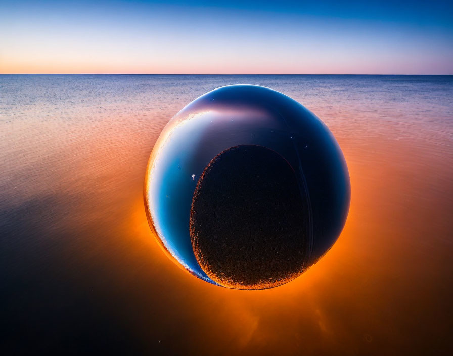 Shiny sphere reflecting sunset on beach with dark silhouette