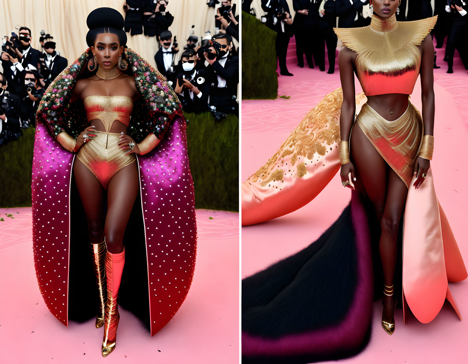 Woman in Metallic Gold and Red Ensemble with Vibrant Cape Poses Surrounded by Photographers