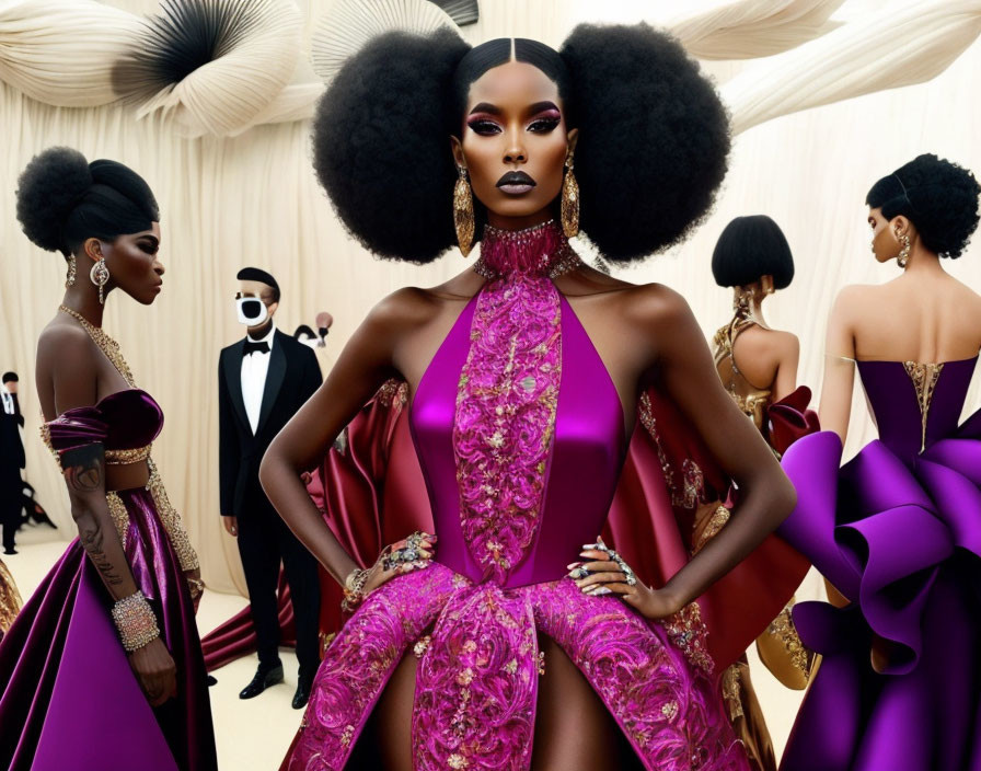 Fashion Event Models Showcasing Bold Purple Dress and Elaborate Afro Hairstyle