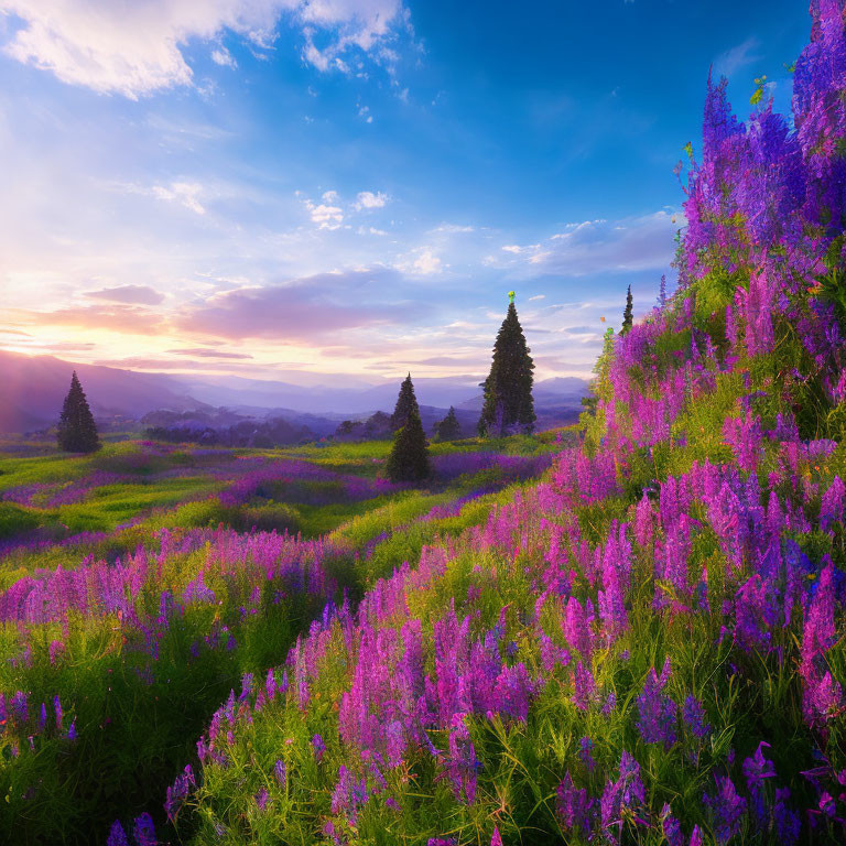 Lush meadow with vibrant purple wildflowers and scattered pine trees at dawn