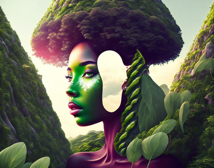 Digital artwork: Woman's profile merges with lush greenery in seamless transition