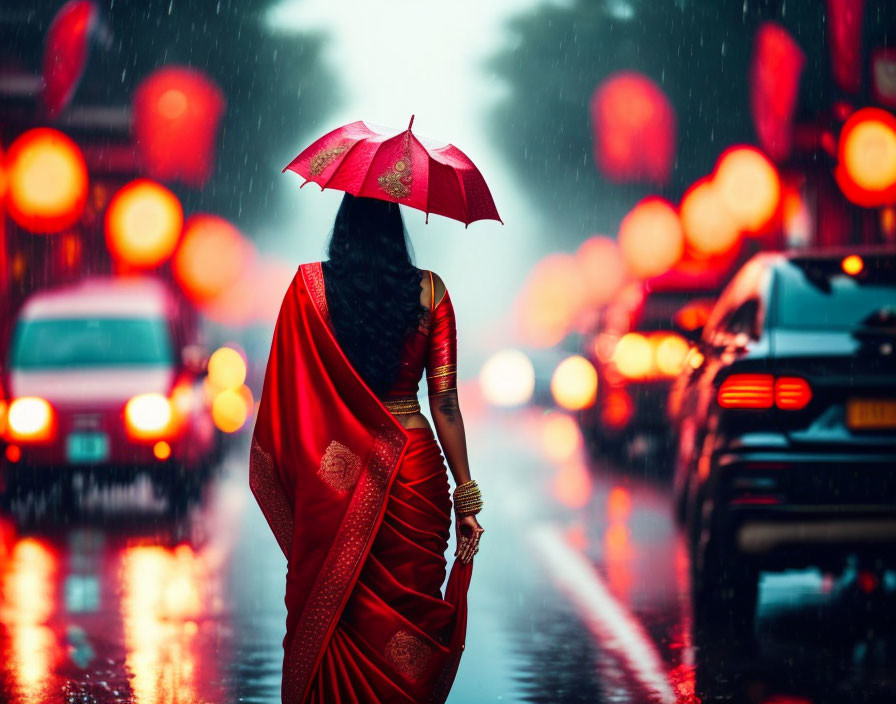 Woman in red sari with umbrella in rainy street with glowing tail lights