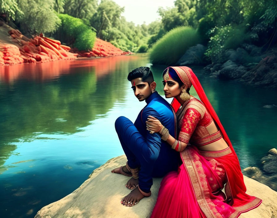 Traditional Indian Attire Couple Pose by Serene River