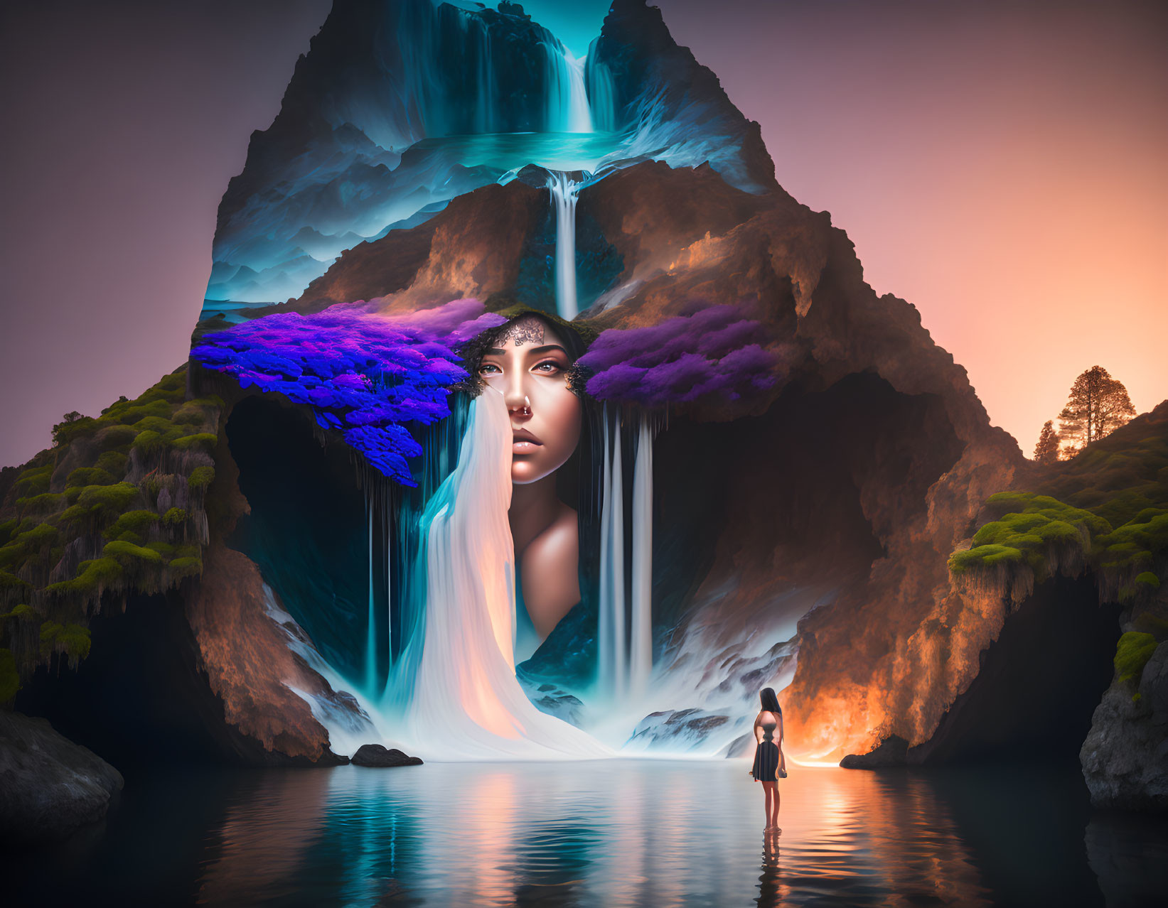 Surreal landscape with woman's face waterfall, vibrant foliage, person, and sunset.