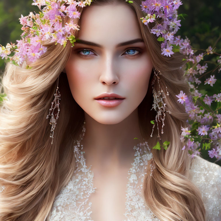 Blue-eyed woman adorned with pink blossoms, delicate earrings, lace garment, floral backdrop