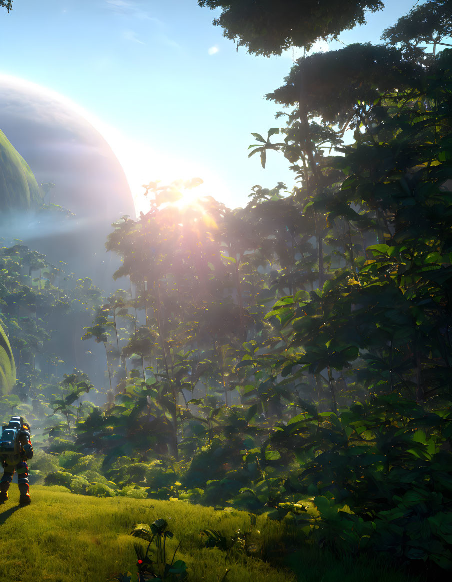 Vibrant alien jungle with towering trees and glowing sunlight.