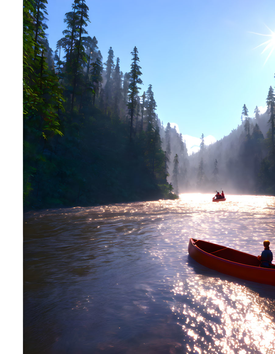 Tranquil river landscape with canoes, forest, sunlight, and mist