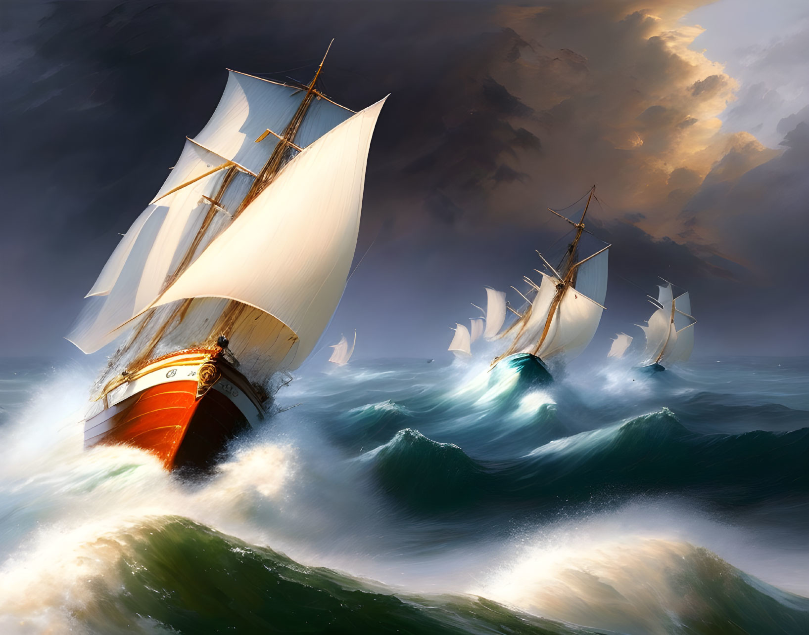 Sailing ships in stormy sea with sunlight piercing clouds