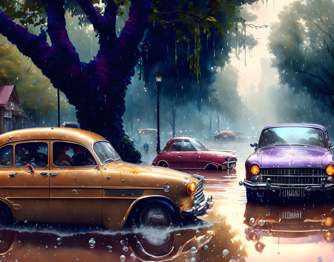 Classic Cars Reflecting Golden Light on Wet Street with Rain and Illuminated Trees