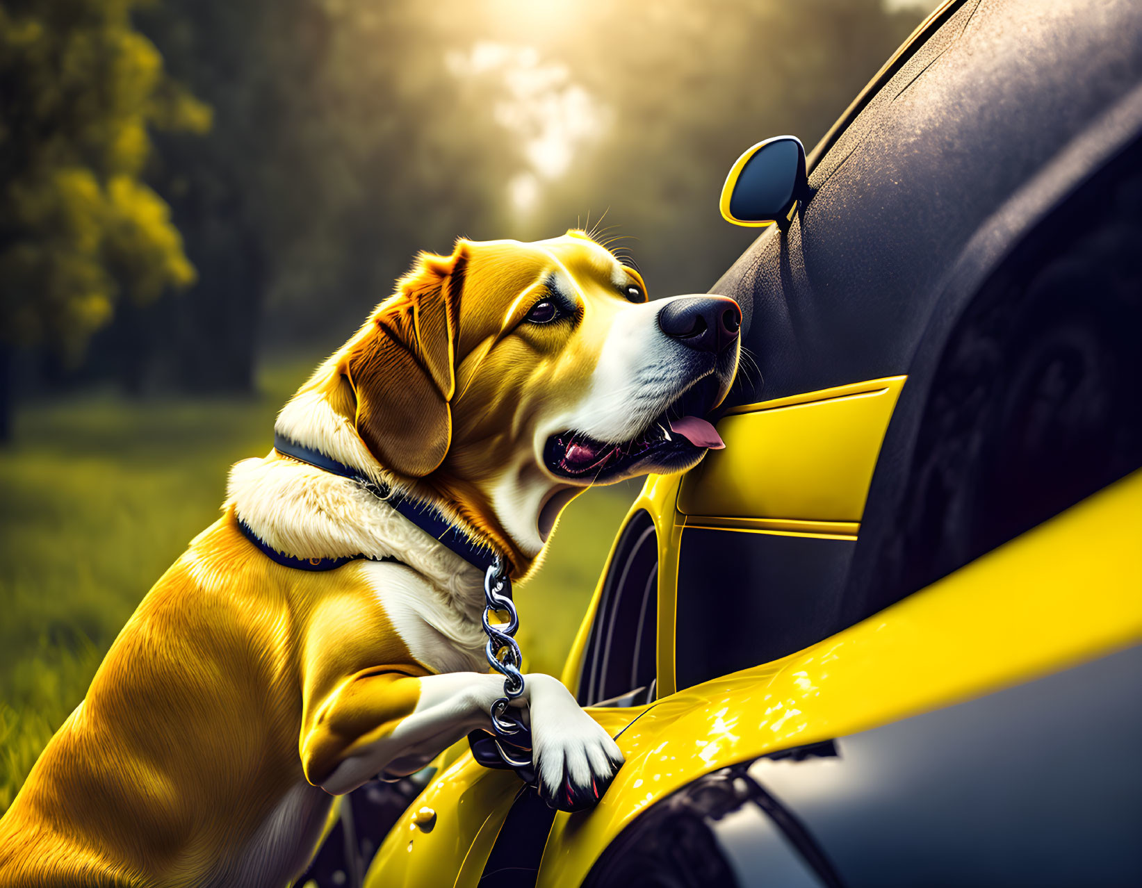 Yellow Dog Enjoying Breeze in Yellow Car