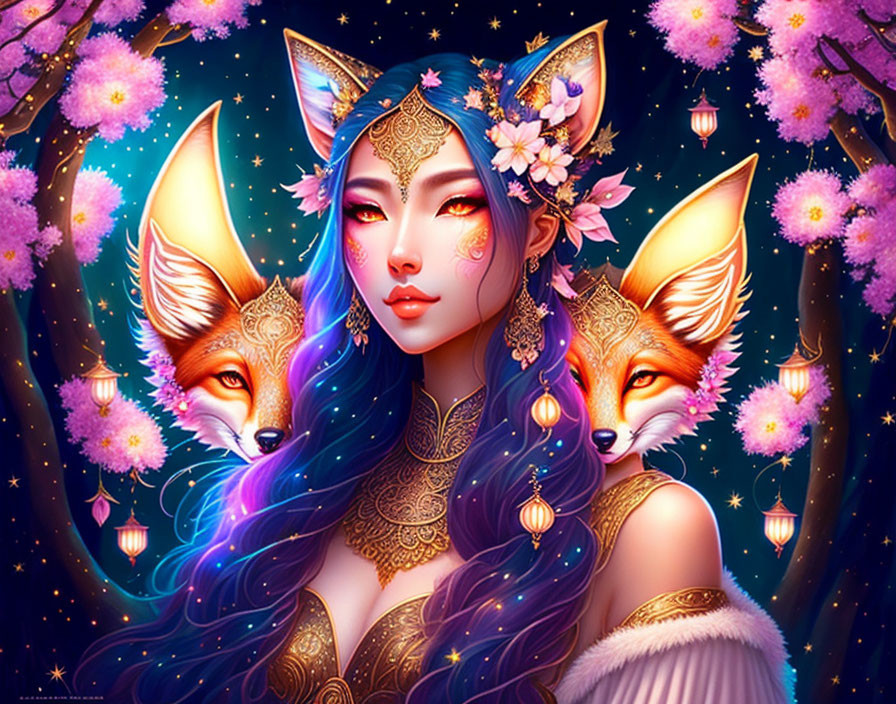 Illustration of woman with fox ears and purple hair among foxes under starry sky