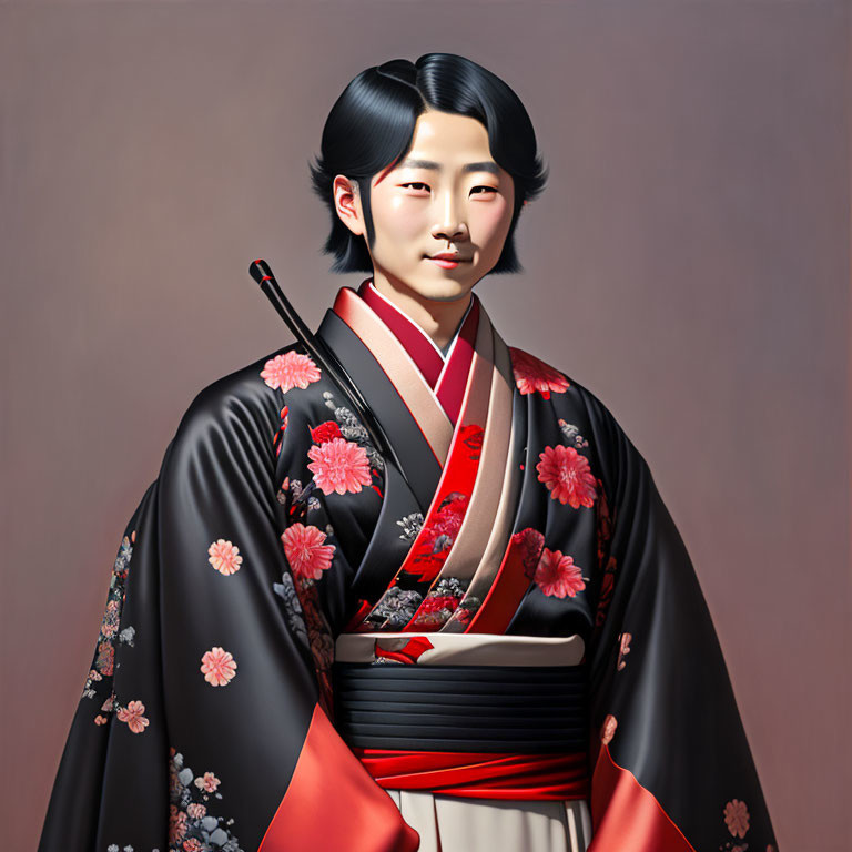 Digital illustration: Person in Japanese attire with floral patterns, holding katana against plain background