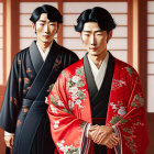 Illustrated characters in Japanese attire on red background with sliding doors