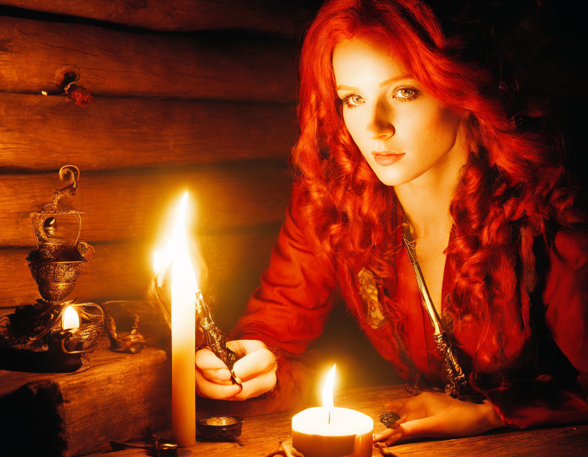 Red-haired woman in candlelit antique ambiance