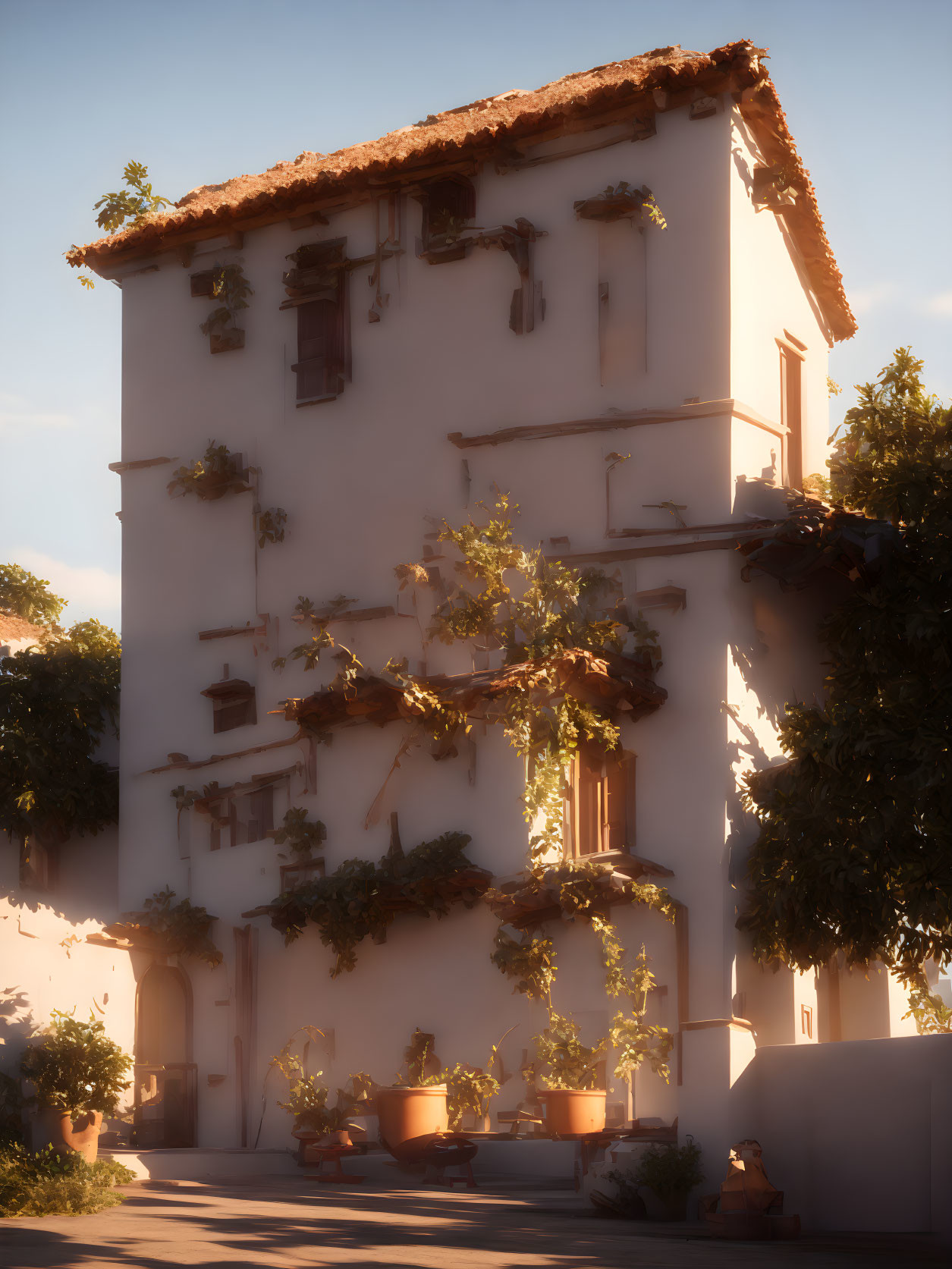 Charming old building with climbing plants in warm sunlight