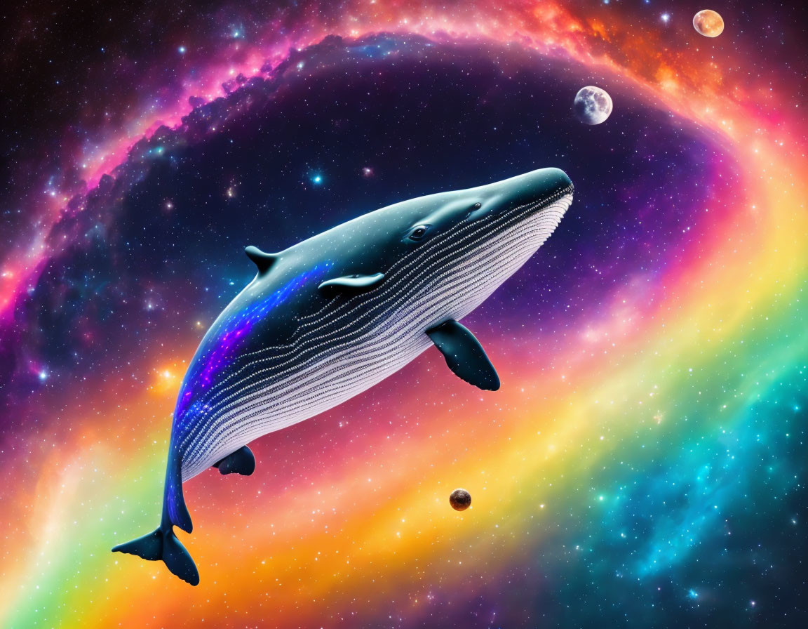 Whale swimming in vibrant cosmic scene with nebulae and planets