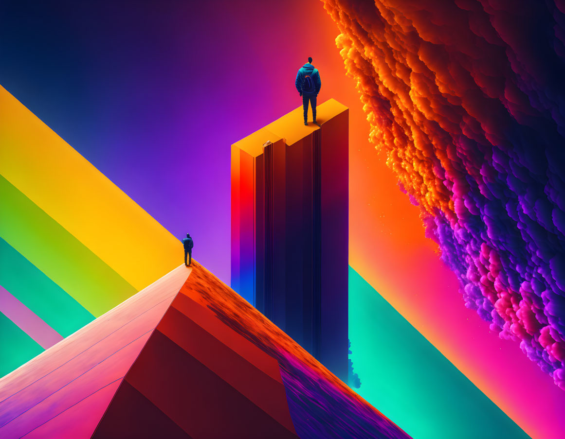 Colorful digital artwork: Two figures on surreal landscape