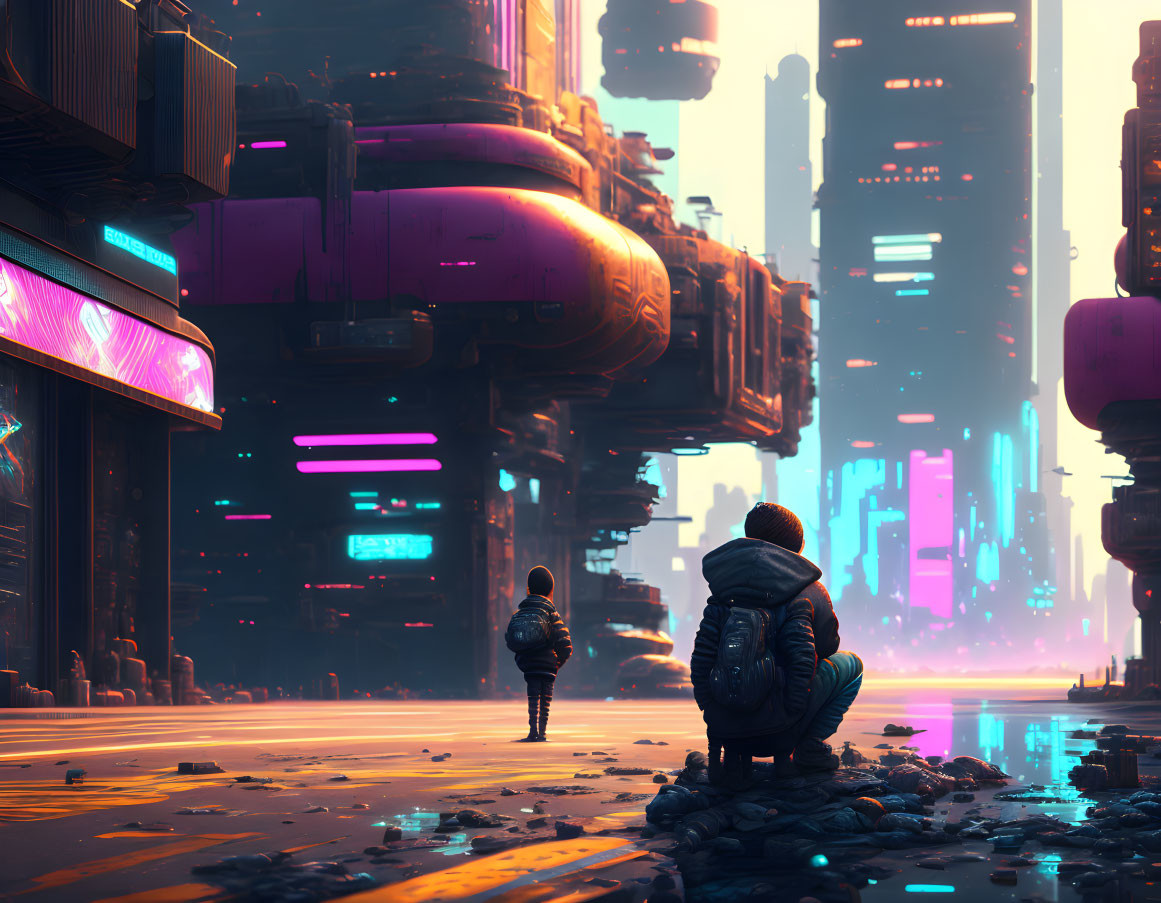 Futuristic cityscape with two individuals at dusk