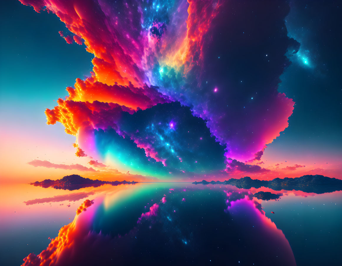 Neon cosmic scene with surreal horizon and reflective water