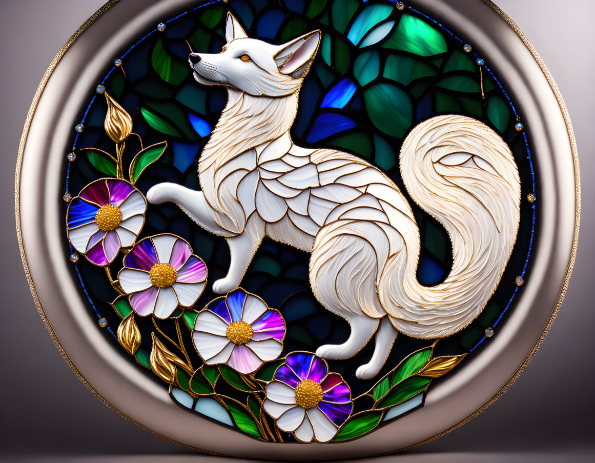 Circular stained glass design with white fox, flowers, and greenery