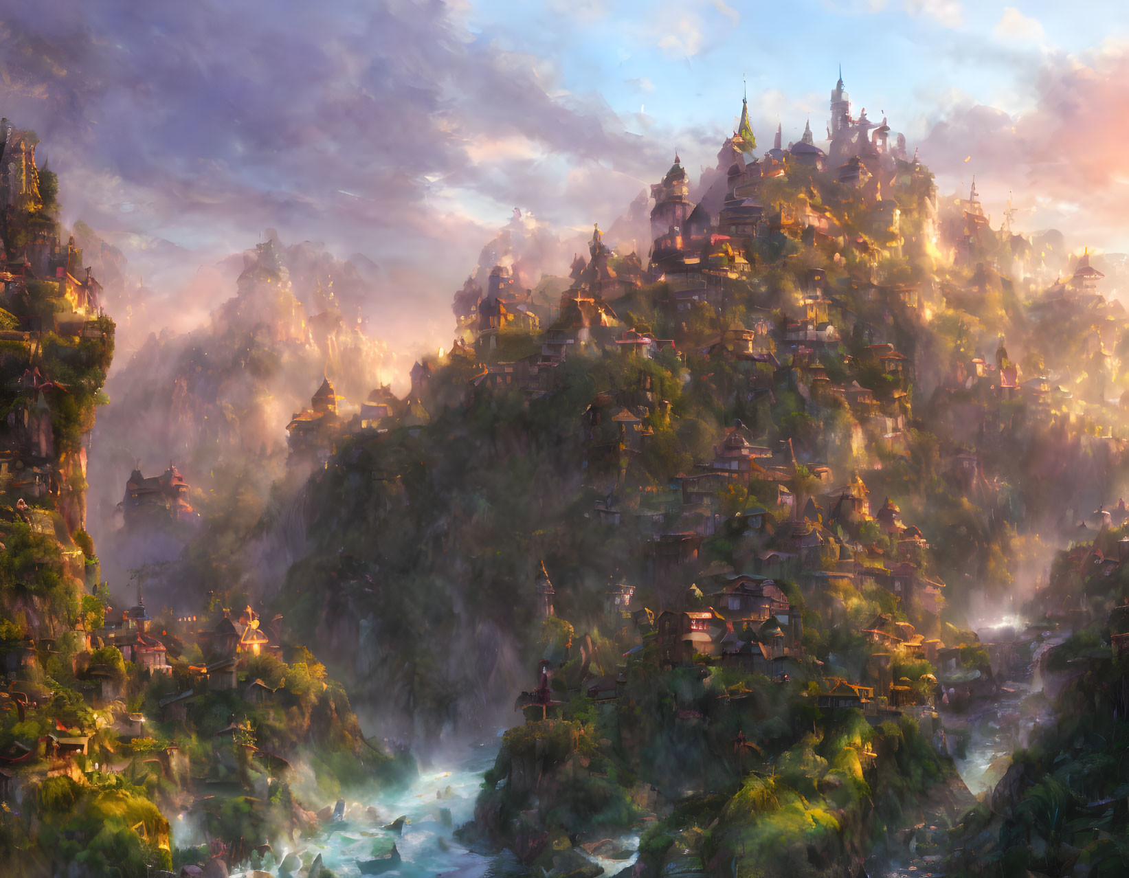 Fantastical landscape with glowing sunset over misty tiered city and waterfalls