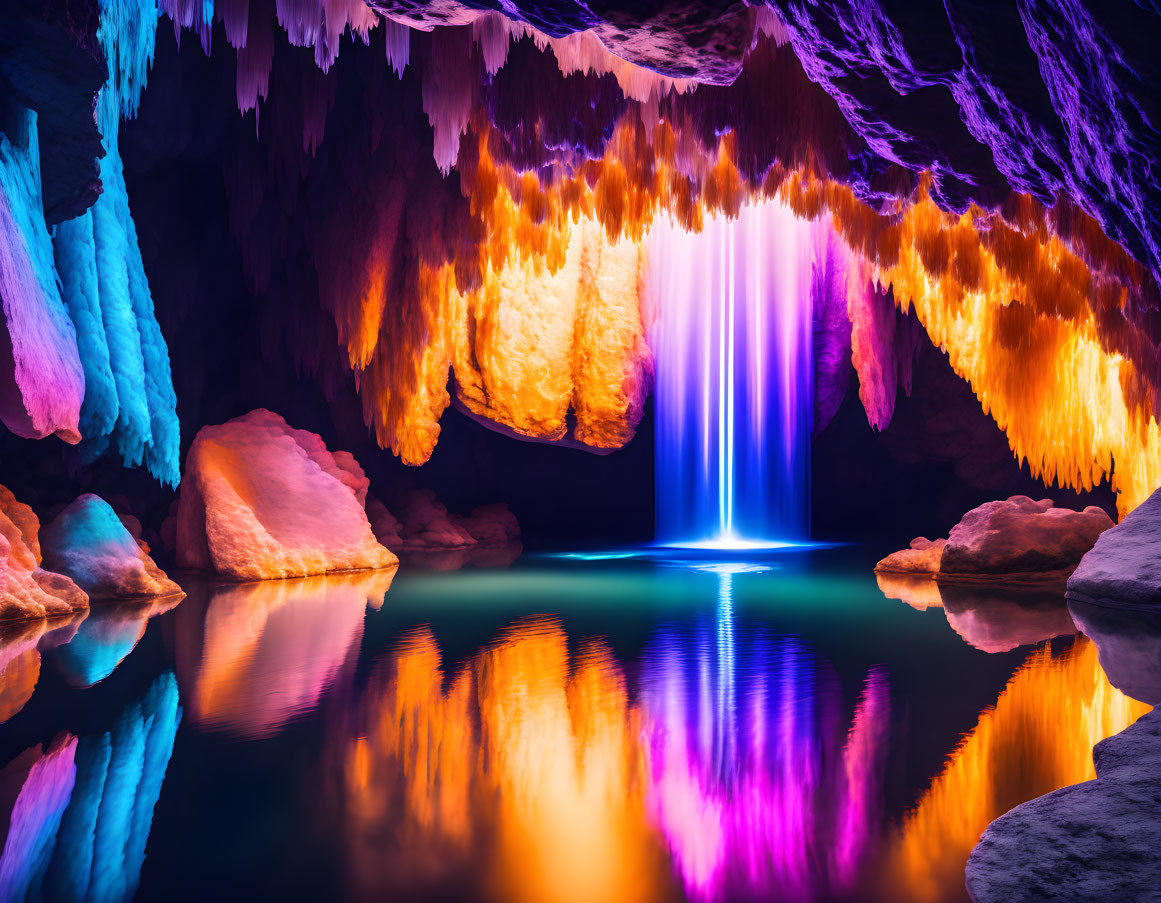 Illuminated Cave with Waterfall, Stalactites & Reflective Pool