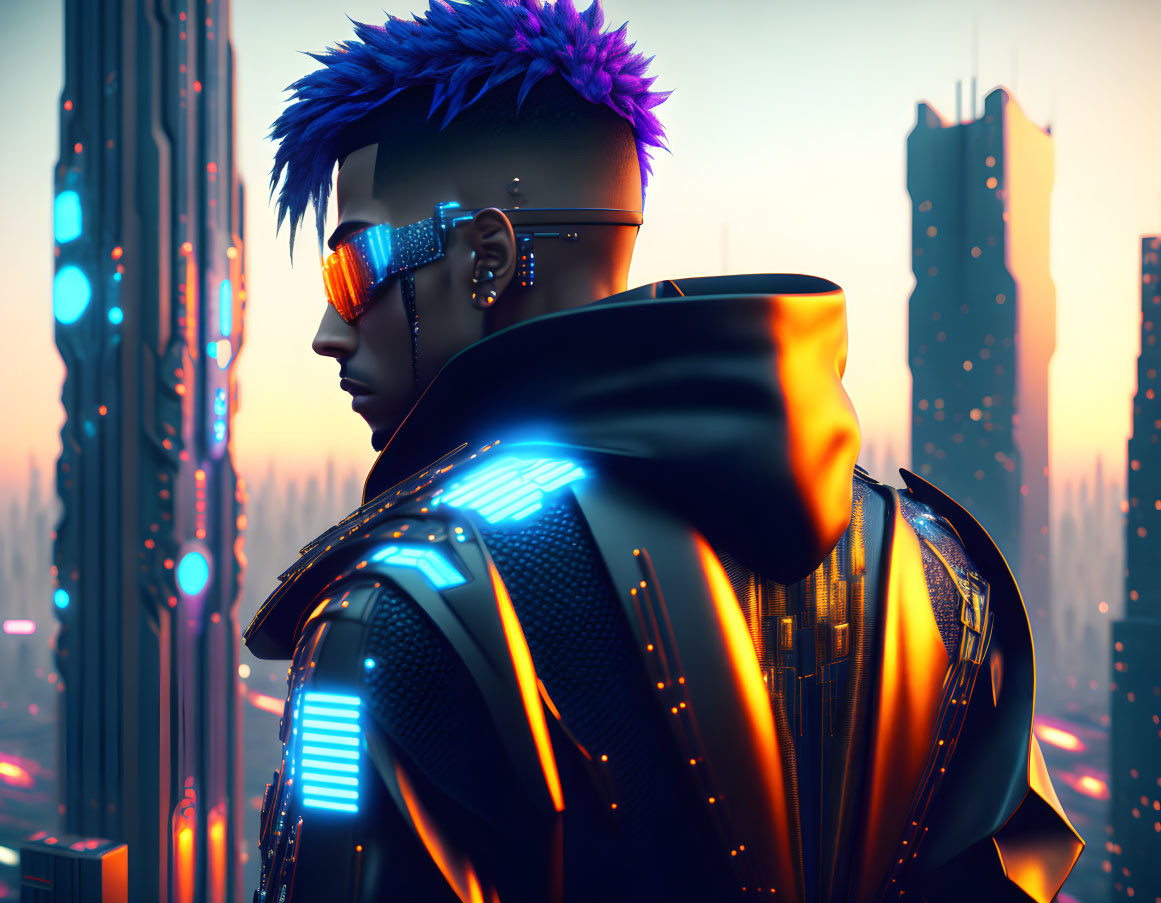 Futuristic man with blue-purple hair and neon-lined jacket gazes at glowing cityscape