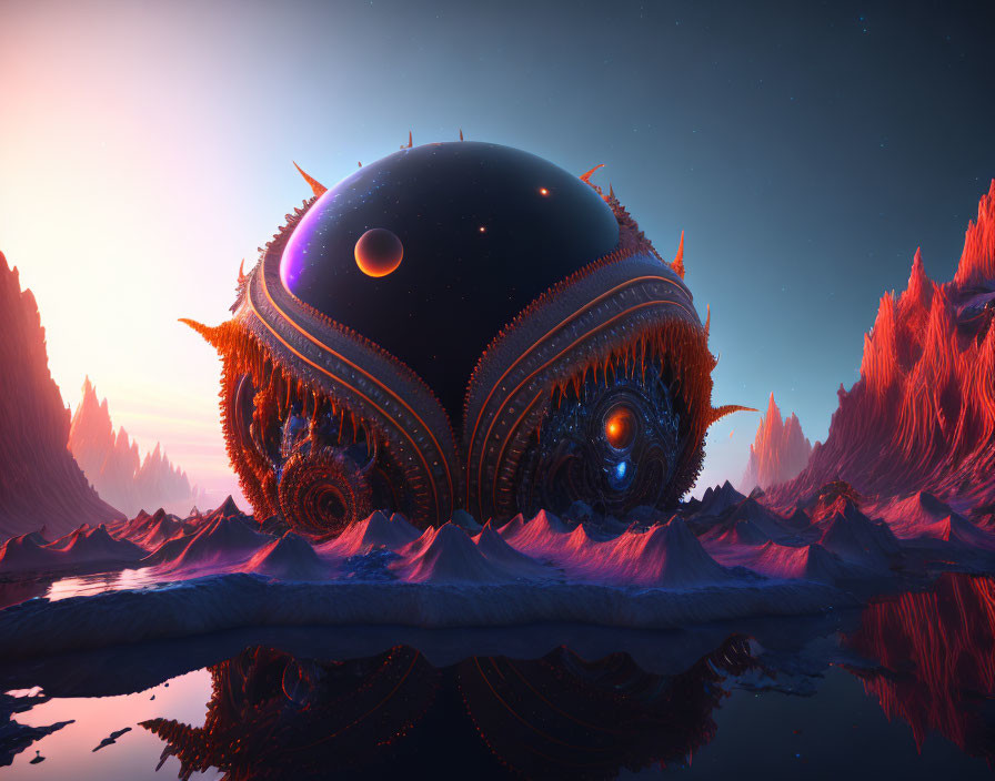 Intricate futuristic spherical structure on alien landscape