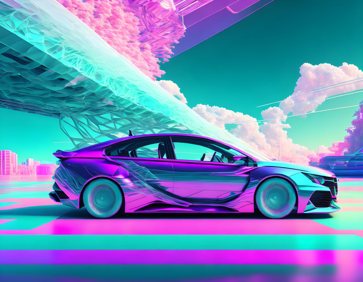 Futuristic purple sports car under surreal colored sky in cybernetic cityscape