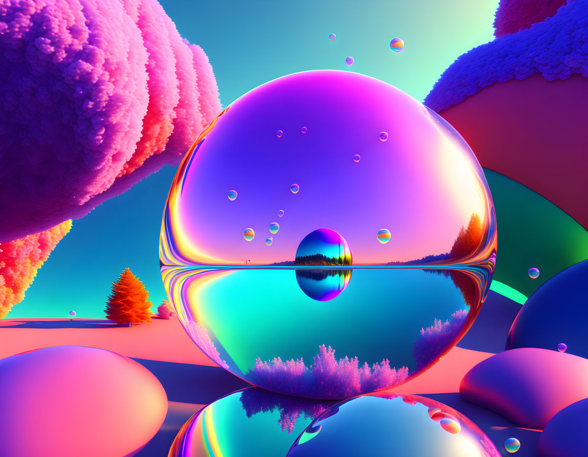 Colorful surreal landscape with reflective bubble, vibrant trees, and fluffy textures under blue and pink sky