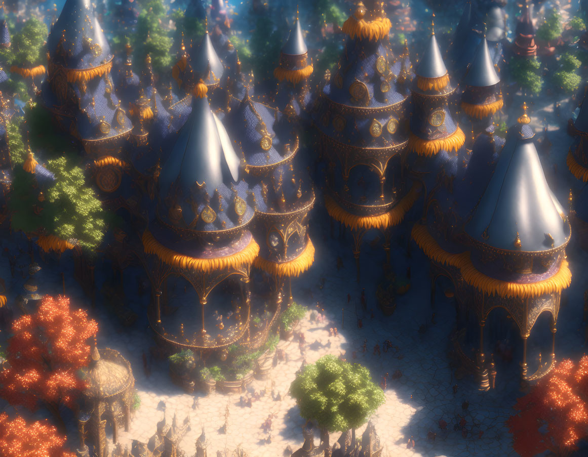 Digital artwork: Enchanting fairy-tale village with spire-topped buildings in autumnal setting