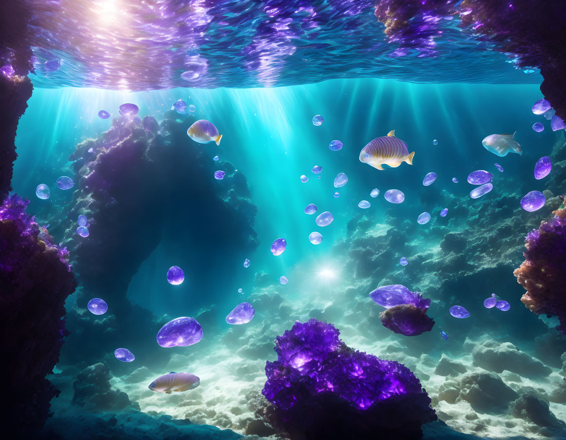 Underwater scene: Sunlit ocean, jellyfish, tropical fish, coral reefs