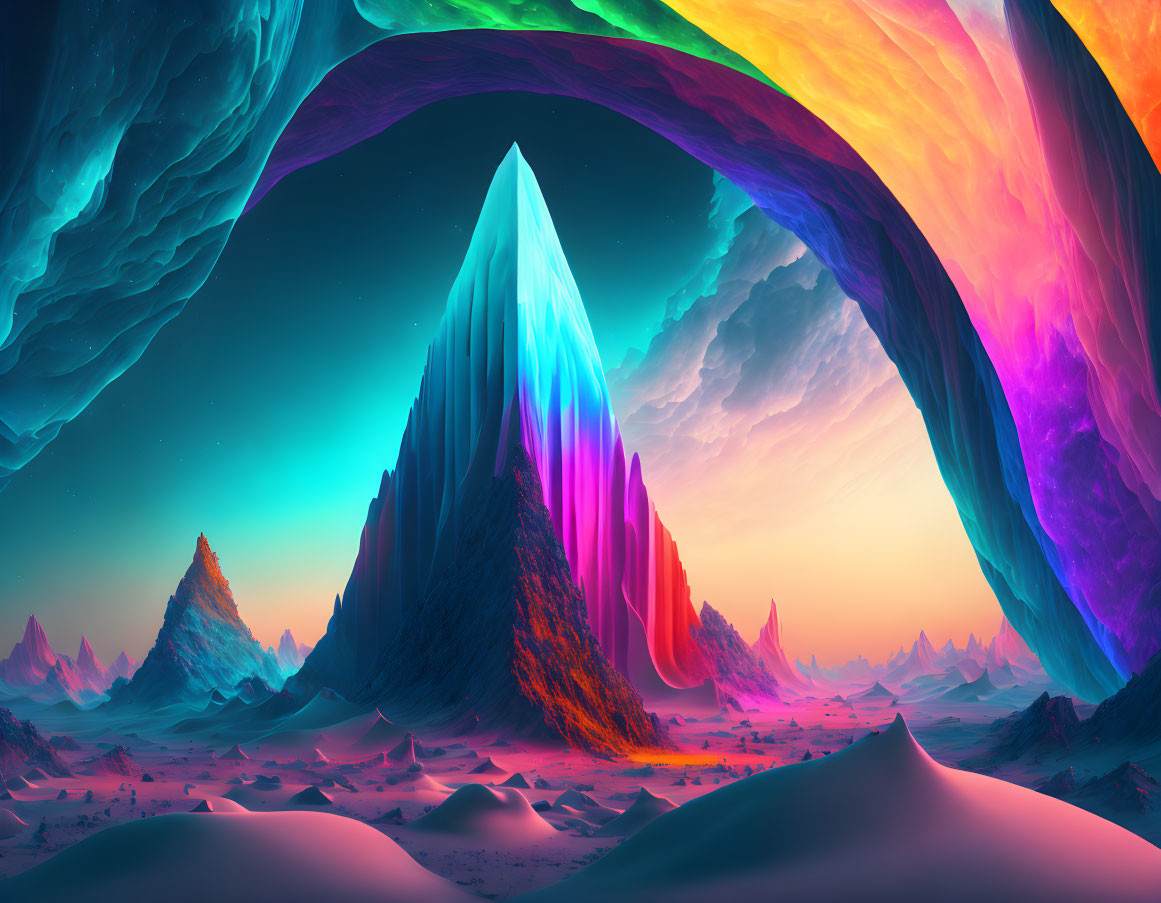 Vibrant surreal landscape with glowing mountain and multicolored sky