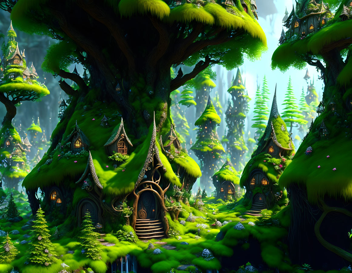 Vibrant green forest with whimsical tree houses and glowing lights