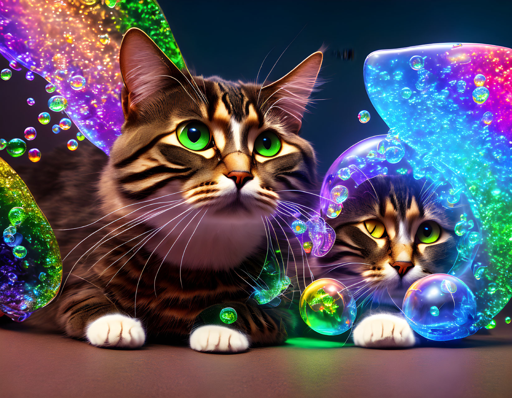 Two cats in iridescent bubbles on dark background