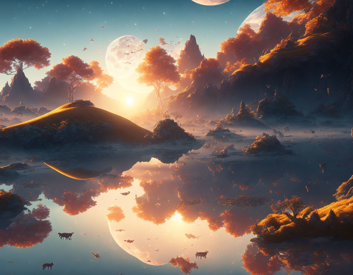 Fantasy landscape at sunset with deer, floating rocks, and multiple moons.