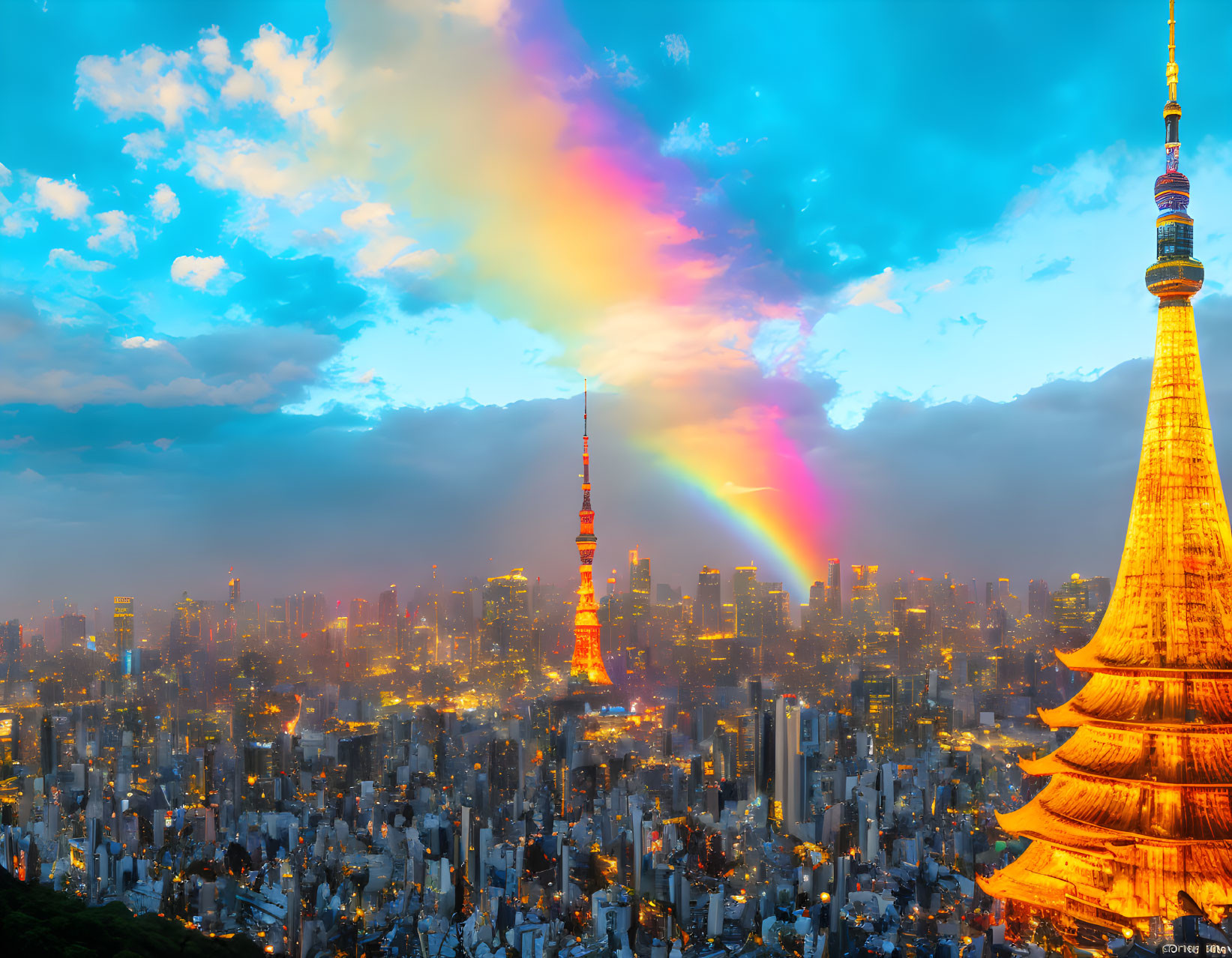 Colorful twilight cityscape with illuminated tower, rainbow, and traditional pagoda.