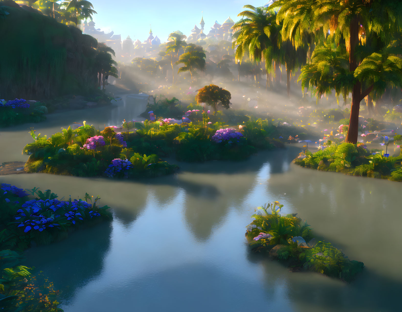 Tranquil river in lush tropical landscape with palm trees and flowering plants